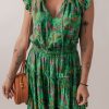 Women's Vibrant Green Floral Tie Split Neck Ruffled Tiered Short Dress - Image 2