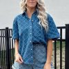 Women's Dusk Blue Checkered Textured Short Sleeve Denim Shirt with Patched Pocket - Image 6