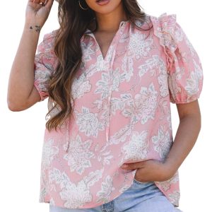 Chic Pink Floral Print Drawstring V Neck Puff Sleeve Blouse for Women