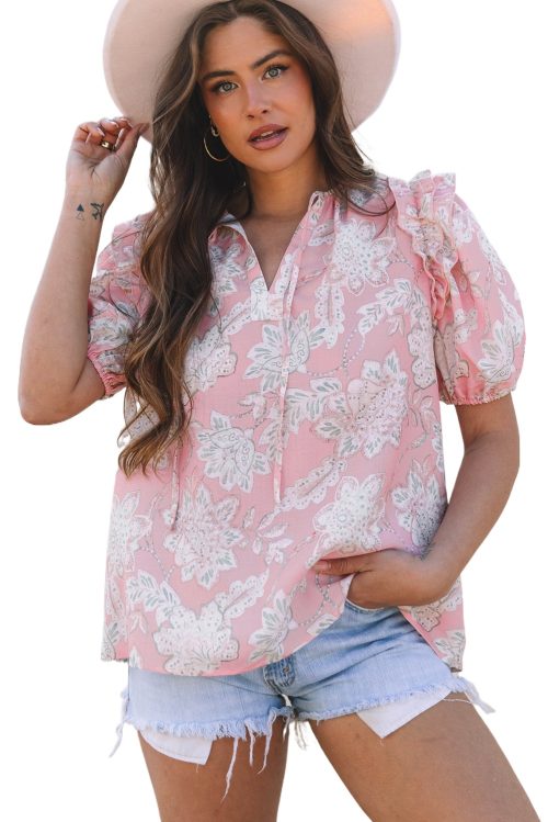 Chic Pink Floral Print Drawstring V Neck Puff Sleeve Blouse for Women