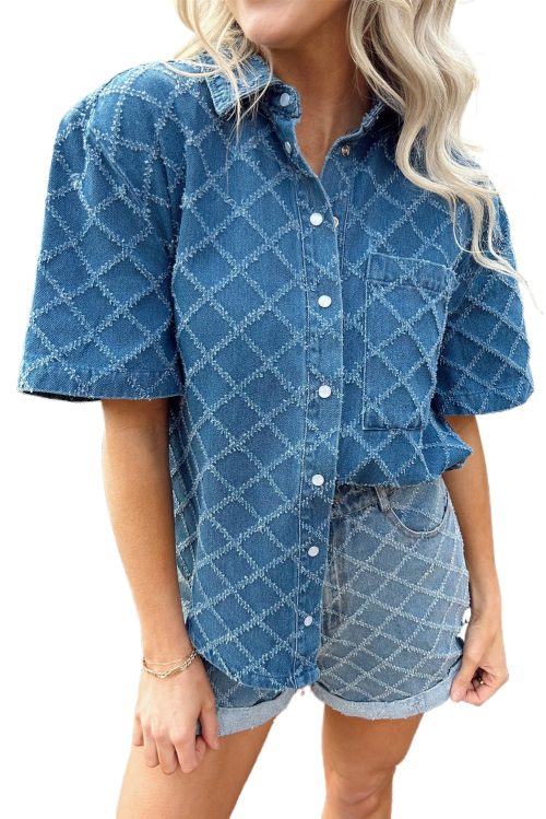 Women's Dusk Blue Checkered Textured Short Sleeve Denim Shirt with Patched Pocket
