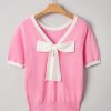 Women's Bonbon Colorblock Short Sleeve Sweater with Bow Applique and V-Shape Cut Back - Image 8