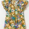 Women's Yellow Floral Print V Neck Top with Tiered Flutter Sleeves - Image 10