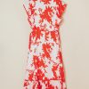 Elegant Red Floral Print Trimmed V Neck Ruffle Sleeve Long Dress for Women - Image 6