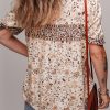 Women's Khaki Boho Floral Print Loose Blouse with Half Placket and Short Sleeves - Image 3