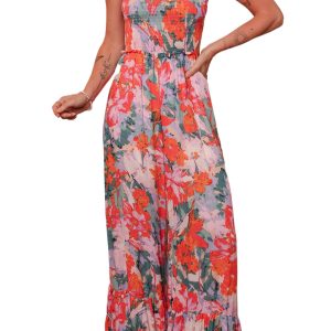 Women's Multicolor Floral Print Smocked Halter Neck Sleeveless Wide Leg Jumpsuit