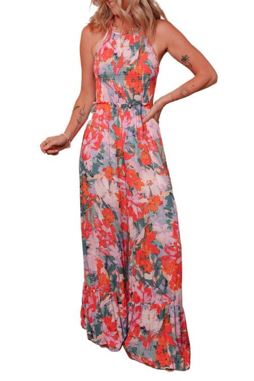 Women's Multicolor Floral Print Smocked Halter Neck Sleeveless Wide Leg Jumpsuit