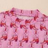 Women's Pink Cowgirl Boots Printed Mock Neck Long Sleeve Mesh Top - Image 7
