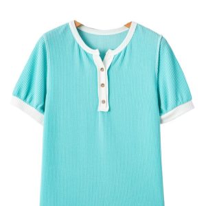 Women's Turquoise Corded Colorblock Henley T-Shirt with Buttons