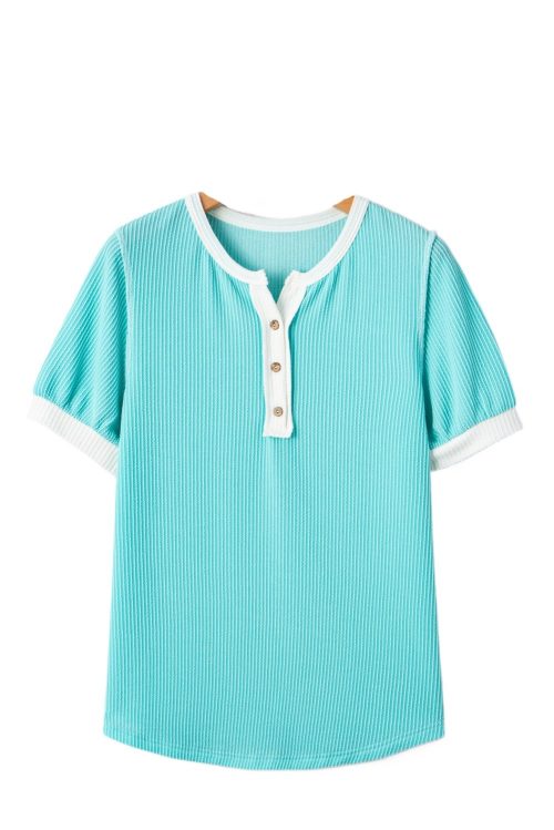 Women's Turquoise Corded Colorblock Henley T-Shirt with Buttons