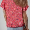 Women's Red Floral Crinkled Blouse with Tie Split Neck and Short Flounce Sleeves - Image 2