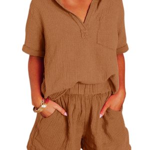 Women's Chestnut Crinkle Textured Polo Shirt and High Waist Shorts Set