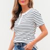 Women's White Stripe Textured Short Sleeve Buttoned Henley Top - Casual Summer Tee - Image 3