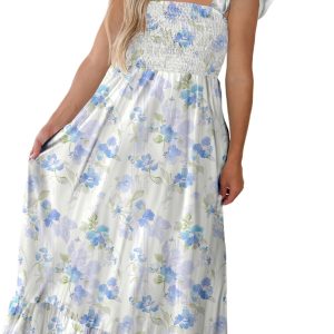 Women's Sky Blue Floral Smocked High Waist Double Ruffle Sleeveless Long Dress