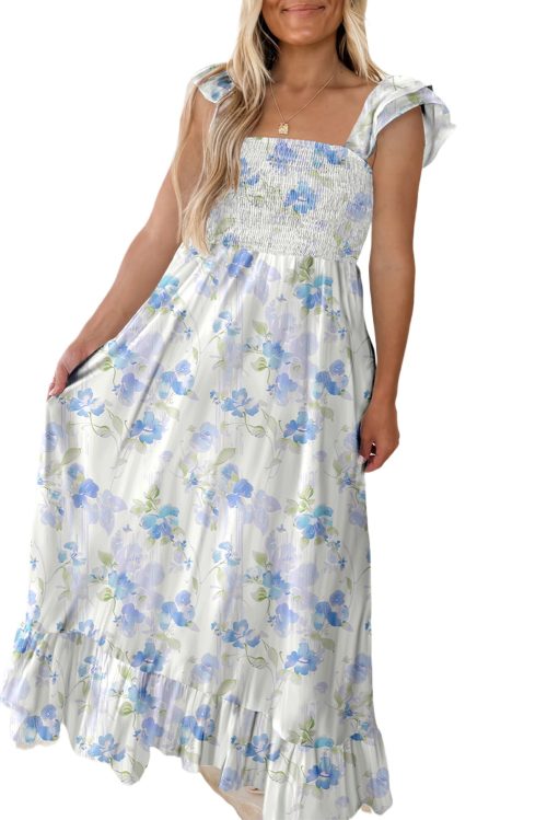 Women's Sky Blue Floral Smocked High Waist Double Ruffle Sleeveless Long Dress