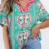 Women's Sea Green Boho Abstract Print Contrast Striped V Neck Blouse - Image 3