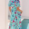 Women's Sky Blue Abstract Print Short Puff Sleeve Tiered Maxi Dress - Image 2