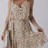 Women's Khaki Boho Floral Printed Tie Waist Flared Sundress - Charming Summer Mini Dress - Image 6