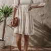 Women's Beige Embroidered Flower Smocked Bust A-Line Dress with Half Puff Sleeves - Image 6