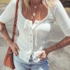 Women's White Textured Half Sleeve Shirt with Snap Button and Drawstring Tie Neck - Image 7