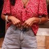 Women's Red Boho Floral Printed Half Sleeve Knotted V Neck Blouse for Trendy Summer Style - Image 7