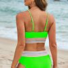 Women's Green Striped Patchwork High Waist Bikini Swimsuit with Spaghetti Straps - Image 2