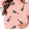 Chic Women's Pink Leopard Guitar Sequin Patch Crew Neck Tee - Image 2