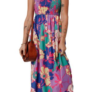 Women's Purple Floral Print Shirred Spaghetti Strap Loose Maxi Dress - Effortlessly Chic Summer Dress