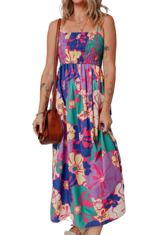 Women's Purple Floral Print Shirred Spaghetti Strap Loose Maxi Dress - Effortlessly Chic Summer Dress