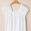 Women's White Hollowed Lace Patchwork Square Neck Short Sleeve Blouse - Image 3