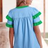 Women's Mist Blue Contrast Notched Neck Blouse with Frilly Detail and Short Sleeves - Image 2