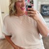 Plus Size Parchment Twist Rib Colorblock Hi Low Short Sleeve Top for Women - Image 4