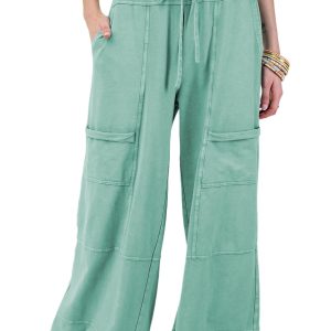 Women's Mint Green Mineral Wash High Waist Wide Leg Cargo Pants with Drawstring