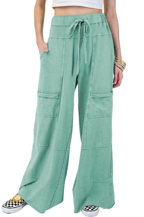 Women's Mint Green Mineral Wash High Waist Wide Leg Cargo Pants with Drawstring