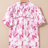 Women's Elegant Rose Floral Frilled Collar Short Sleeve Blouse Top - Image 3