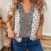 Women's White Boho Pattern V Neck Blouse with Tiered Ruffled Sleeves - Image 6