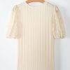 Women's Apricot Polka Dot Mesh Puff Sleeve Textured Blouse - Elegant Casual Top - Image 4