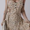 Women's Khaki Boho Floral Printed Tie Waist Flared Sundress - Charming Summer Mini Dress - Image 4