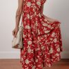 Women's Red Floral Print Midi Dress - Buttoned Front V Neck with Tiered Short Sleeves - Image 9