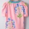 Women's Pink Floral Print Striped Notched V Neck Bubble Sleeve Blouse - Summer Style - Image 3