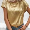 Elegant Gold Glossy Round Neck Blouse with Pleated Detail - Short Sleeve - Image 3