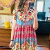 Women's Rose Floral Mixed Pattern Ruffle Flutter Sleeve Buttoned Dress - Image 2