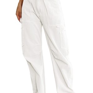 Women's White High Waist Straight Leg Cargo Pants with Pockets