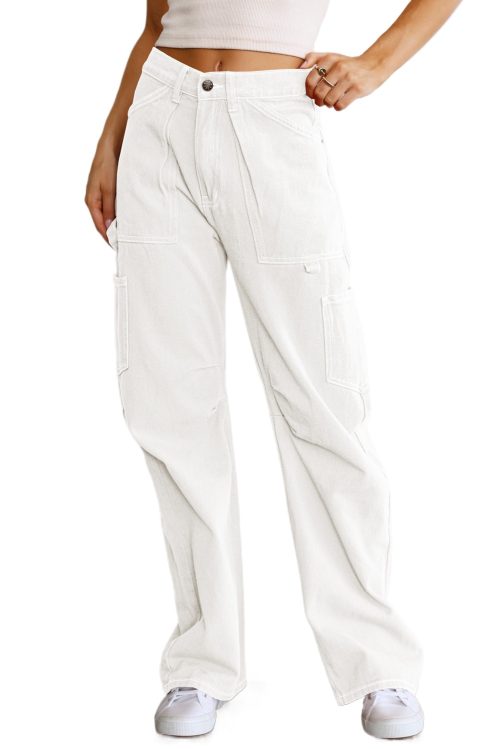 Women's White High Waist Straight Leg Cargo Pants with Pockets