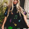 Women's Black Oversized Graphic Tee with Guitar Music Notes Patch - Image 3
