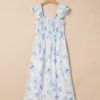 Women's Sky Blue Floral Smocked High Waist Double Ruffle Sleeveless Long Dress - Image 6