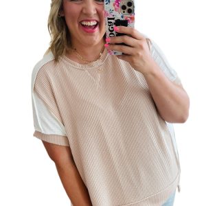 Plus Size Parchment Twist Rib Colorblock Hi Low Short Sleeve Top for Women
