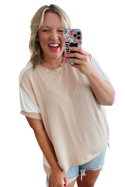 Plus Size Parchment Twist Rib Colorblock Hi Low Short Sleeve Top for Women
