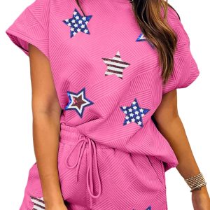 Girls' Strawberry Pink Solid Color Textured Sequined American Star Patched 2pcs Outfit