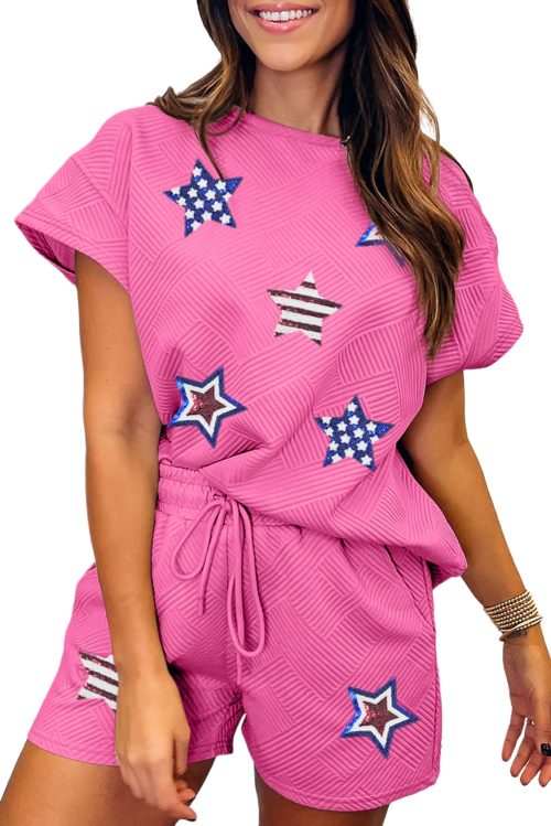 Girls' Strawberry Pink Solid Color Textured Sequined American Star Patched 2pcs Outfit